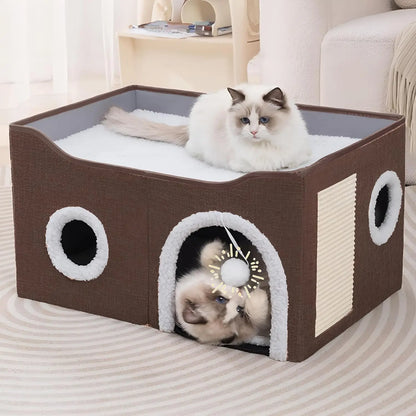 Indoor Cat House Cube with Bed, Scratch Pad & Toy Ball, Foldable Condo Dark Brown L
