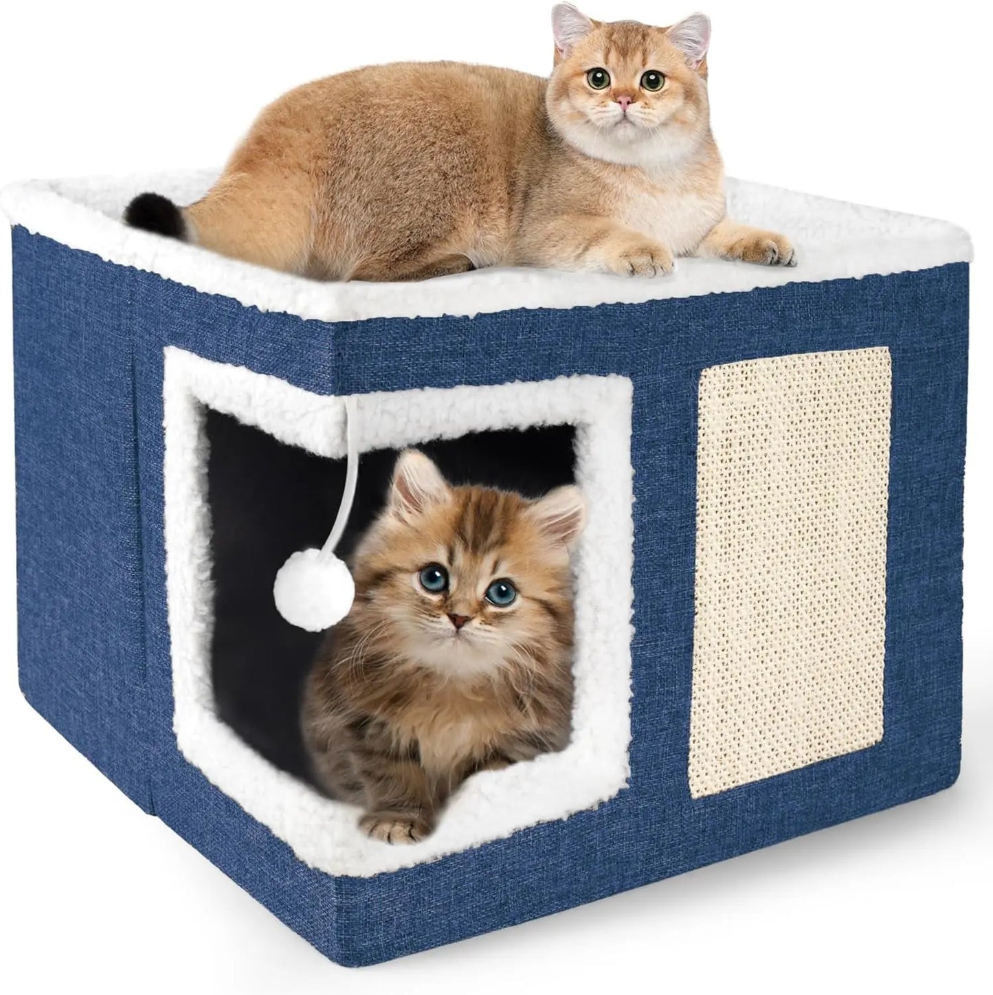 Indoor Cat House Cube with Bed, Scratch Pad & Toy Ball, Foldable Condo Navy Blue S
