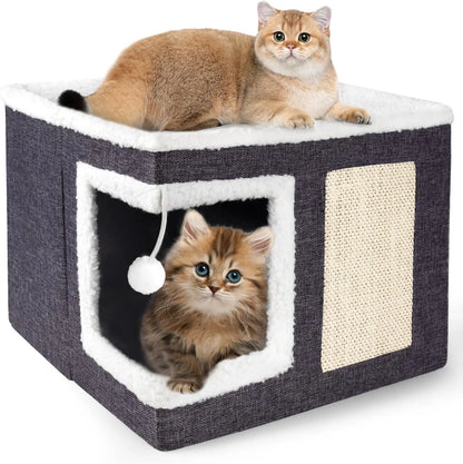 Indoor Cat House Cube with Bed, Scratch Pad & Toy Ball, Foldable Condo Dark Grey S