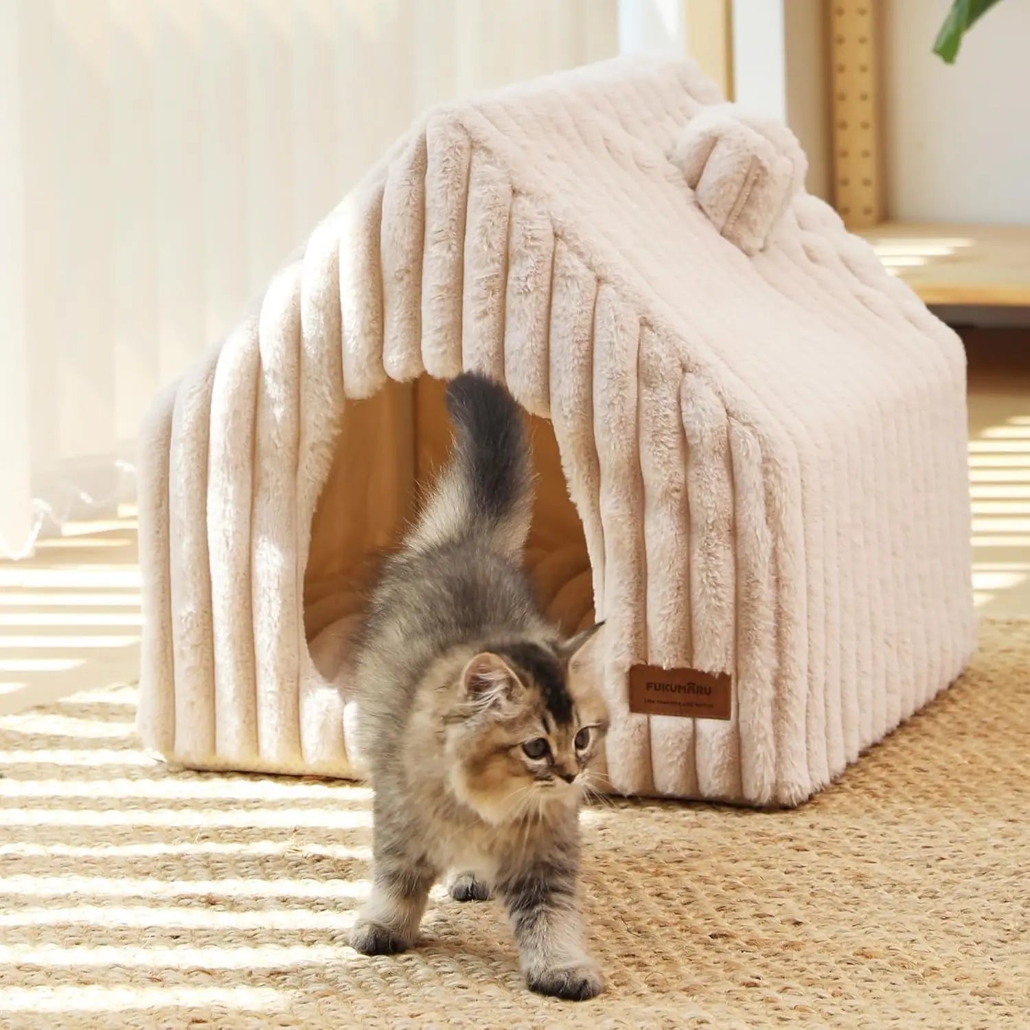 Indoor Cat & Small Dog House, Washable Cozy Cave Bed with Removable Pillow Pink Grey Large