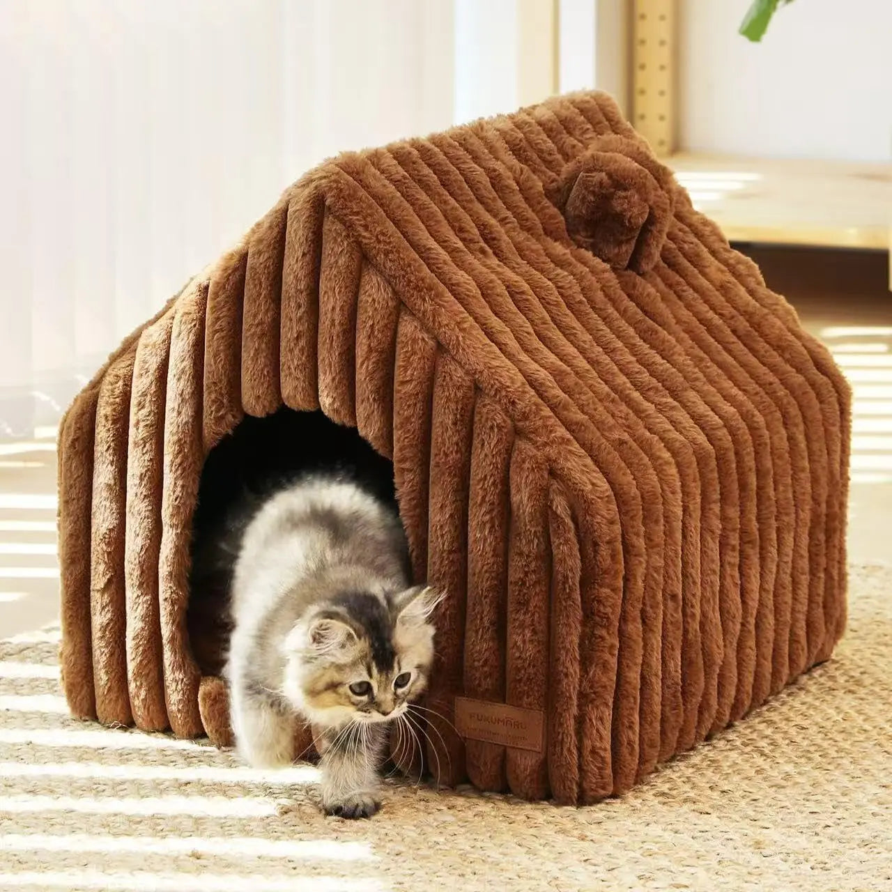 Indoor Cat & Small Dog House, Washable Cozy Cave Bed with Removable Pillow Brown Large
