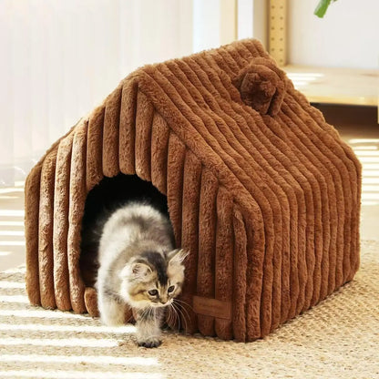 Indoor Cat & Small Dog House, Washable Cozy Cave Bed with Removable Pillow Brown Large