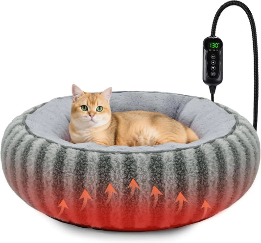 Donut Indoor Heated Cat Bed with Timer & Temperature Control, Washable, 20" Grey