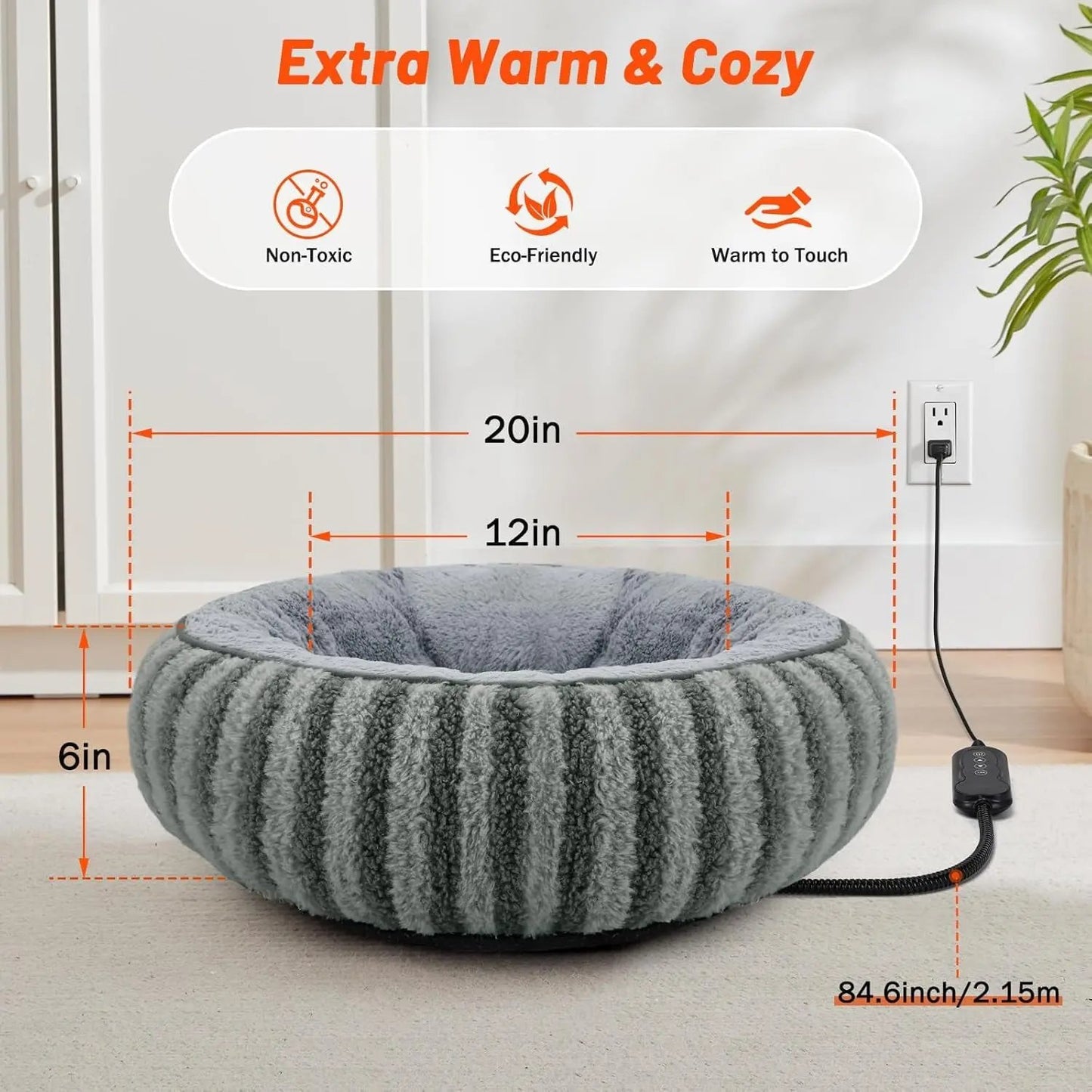Donut Indoor Heated Cat Bed with Timer & Temperature Control, Washable, 20"