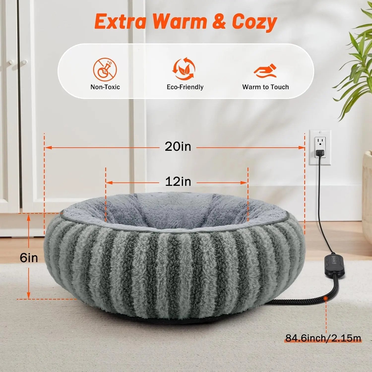 Donut Indoor Heated Cat Bed with Timer & Temperature Control, Washable, 20"