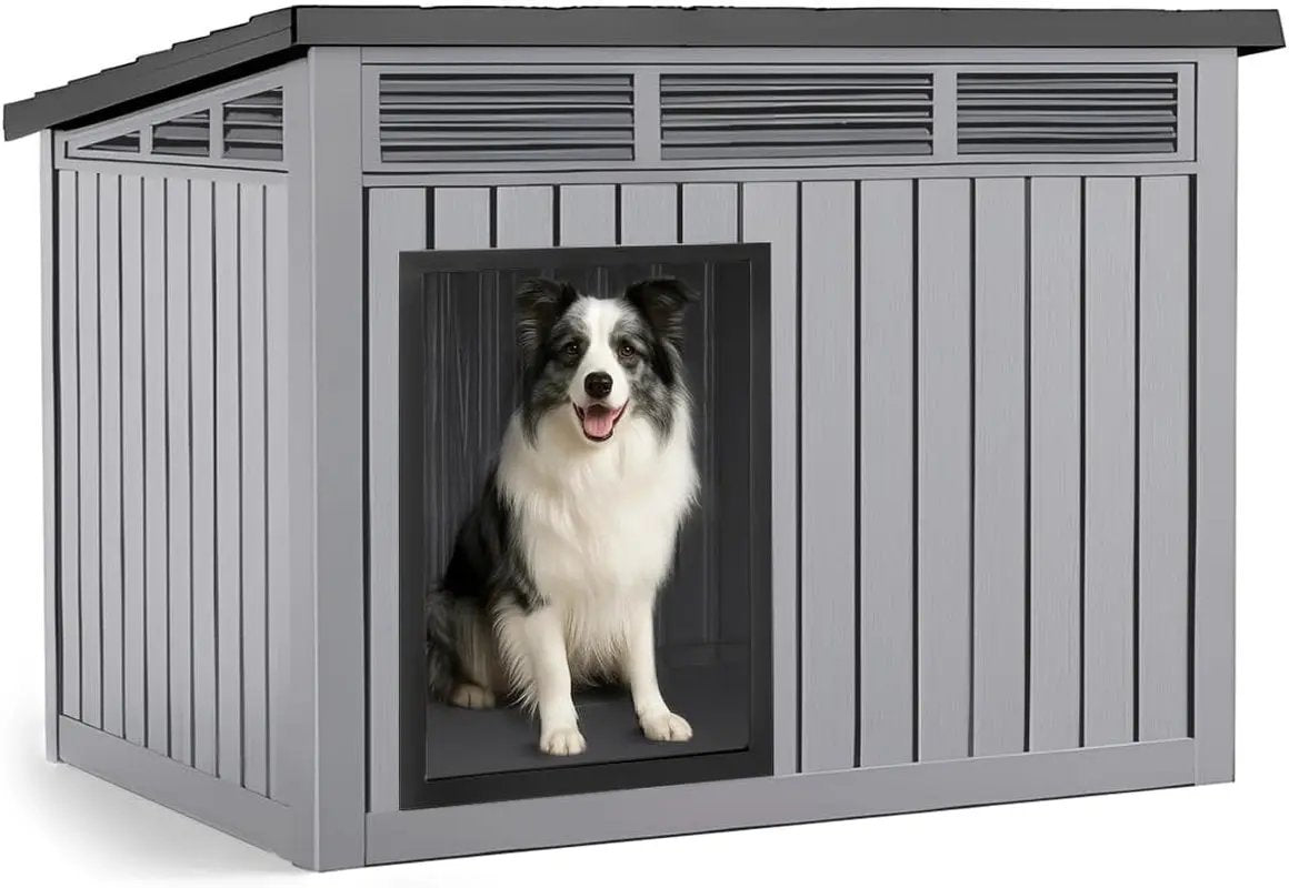 Indoor Outdoor Dog House – Waterproof PP Shelter w/ Air Vents, Raised Floor, Open Roof Gray 32.2*25.12*24.13