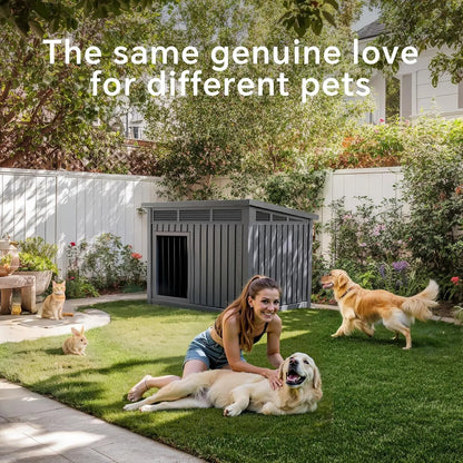 Indoor Outdoor Dog House – Waterproof PP Shelter w/ Air Vents, Raised Floor, Open Roof