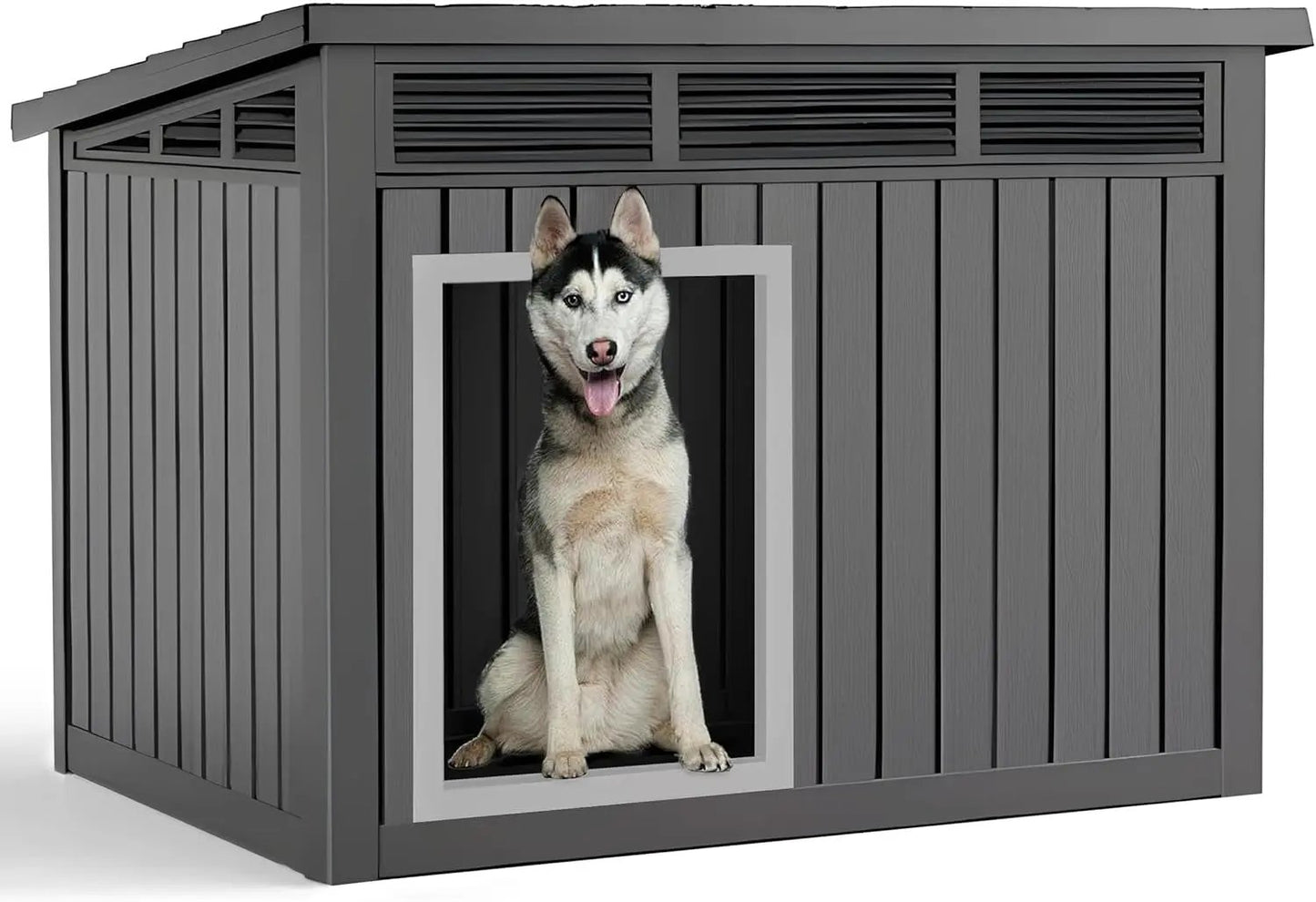 Indoor Outdoor Dog House – Waterproof PP Shelter w/ Air Vents, Raised Floor, Open Roof Black 42.87*32.95*31.61