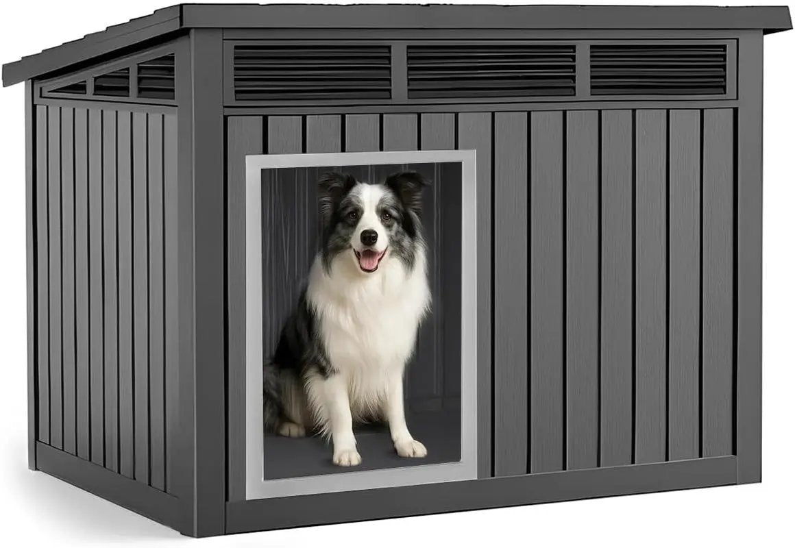 Indoor Outdoor Dog House – Waterproof PP Shelter w/ Air Vents, Raised Floor, Open Roof Black 32.2*25.12*24.13