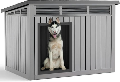 Indoor Outdoor Dog House – Waterproof PP Shelter w/ Air Vents, Raised Floor, Open Roof Gray 42.87*32.95*31.61