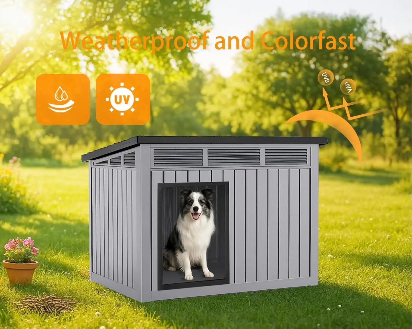 Indoor Outdoor Dog House – Waterproof PP Shelter w/ Air Vents, Raised Floor, Open Roof