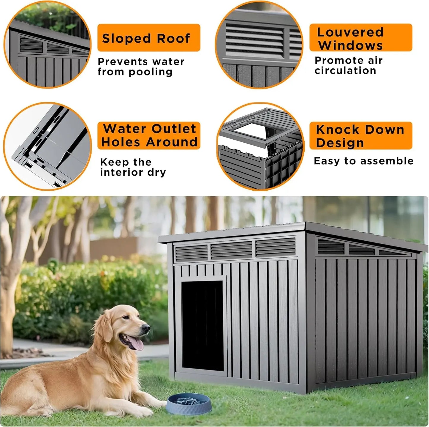 Indoor Outdoor Dog House – Waterproof PP Shelter w/ Air Vents, Raised Floor, Open Roof