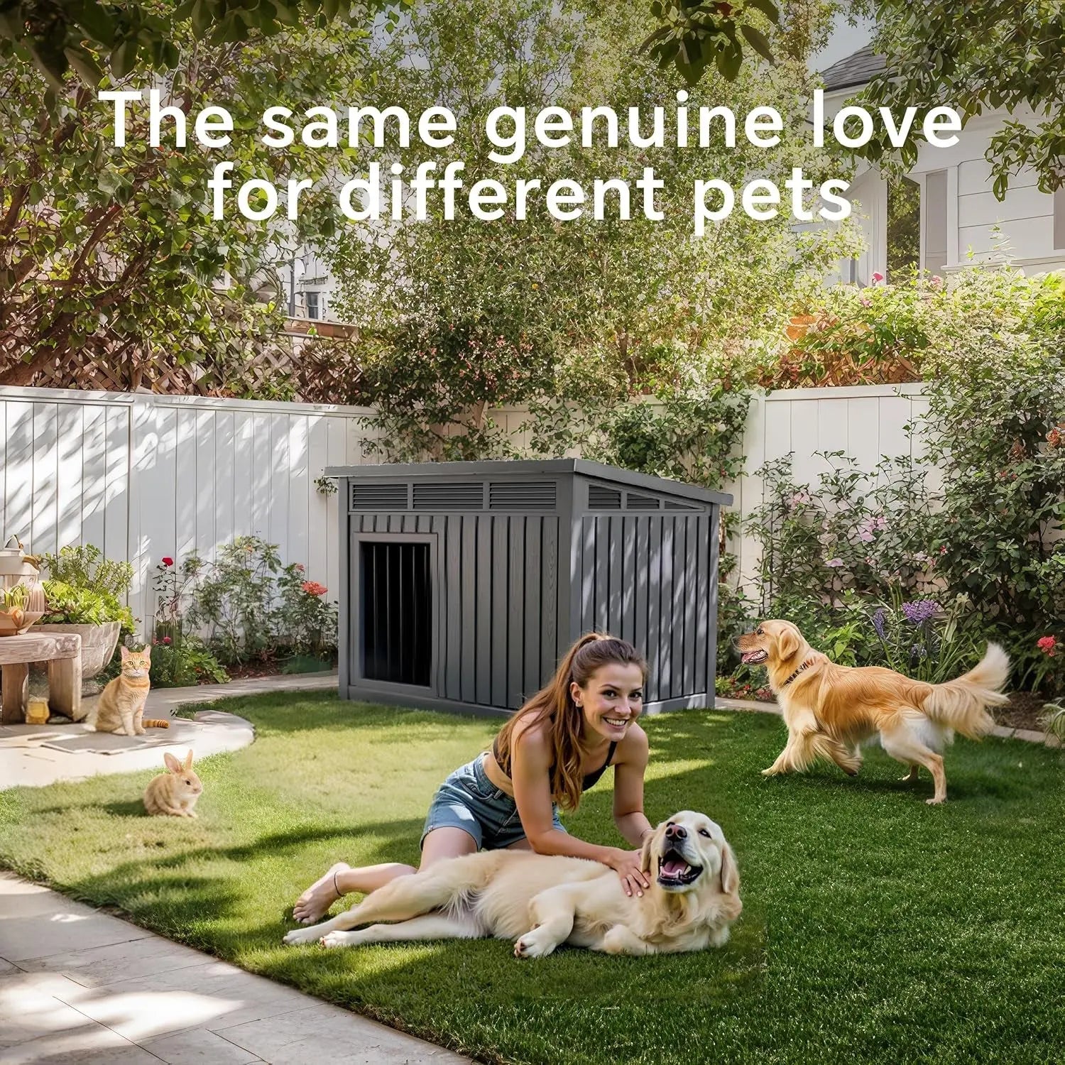 Indoor Outdoor Dog House – Waterproof PP Shelter w/ Air Vents, Raised Floor, Open Roof