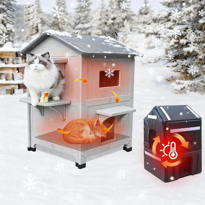 Insulated 2-Story Outdoor Cat House with Soft Mat – Waterproof, Easy Clean Shelter for Winter Modern Grey Grey With Insulated Liner