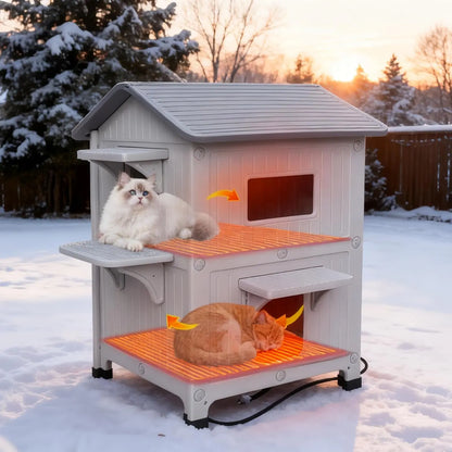 Insulated 2-Story Outdoor Cat House with Soft Mat – Waterproof, Easy Clean Shelter for Winter Modern Grey Grey With Heating Pad