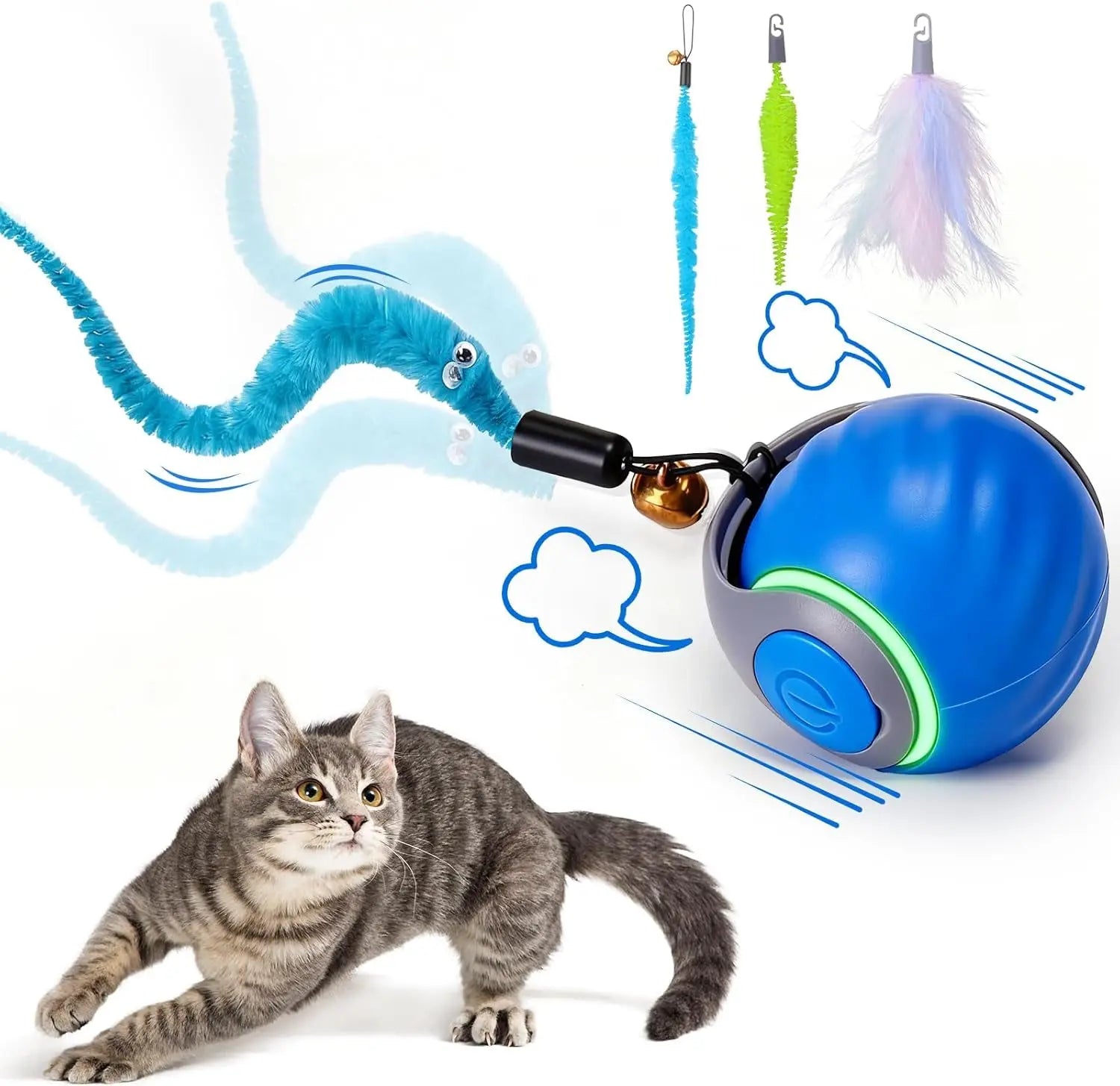 Interactive Cat Toy Ball Automatic Rechargeable 2-Speed Chasing Toy with Tails Blue