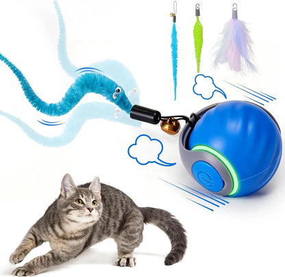 Interactive Cat Toy Ball Automatic Rechargeable 2-Speed Chasing Toy with Tails Blue