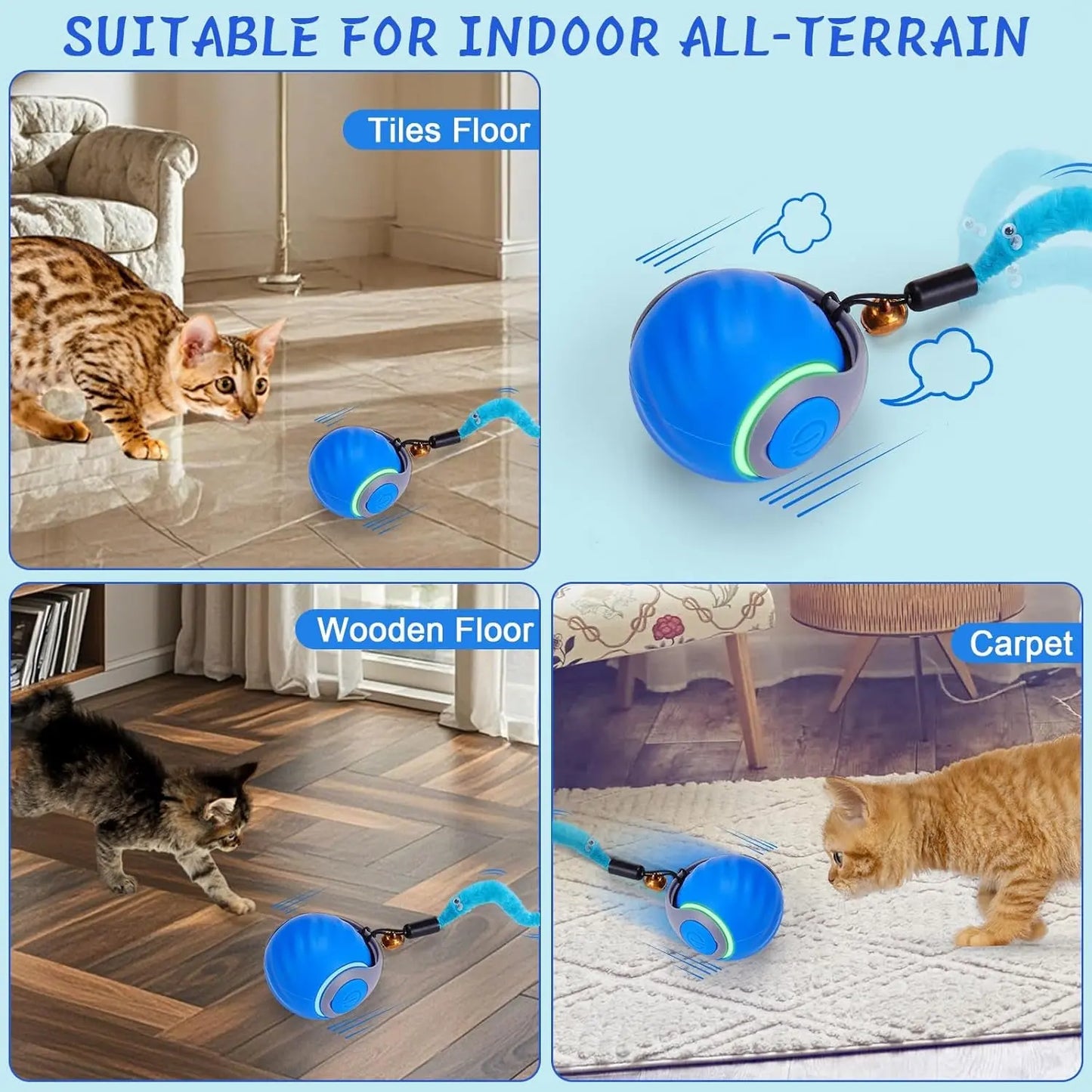 Interactive Cat Toy Ball Automatic Rechargeable 2-Speed Chasing Toy with Tails