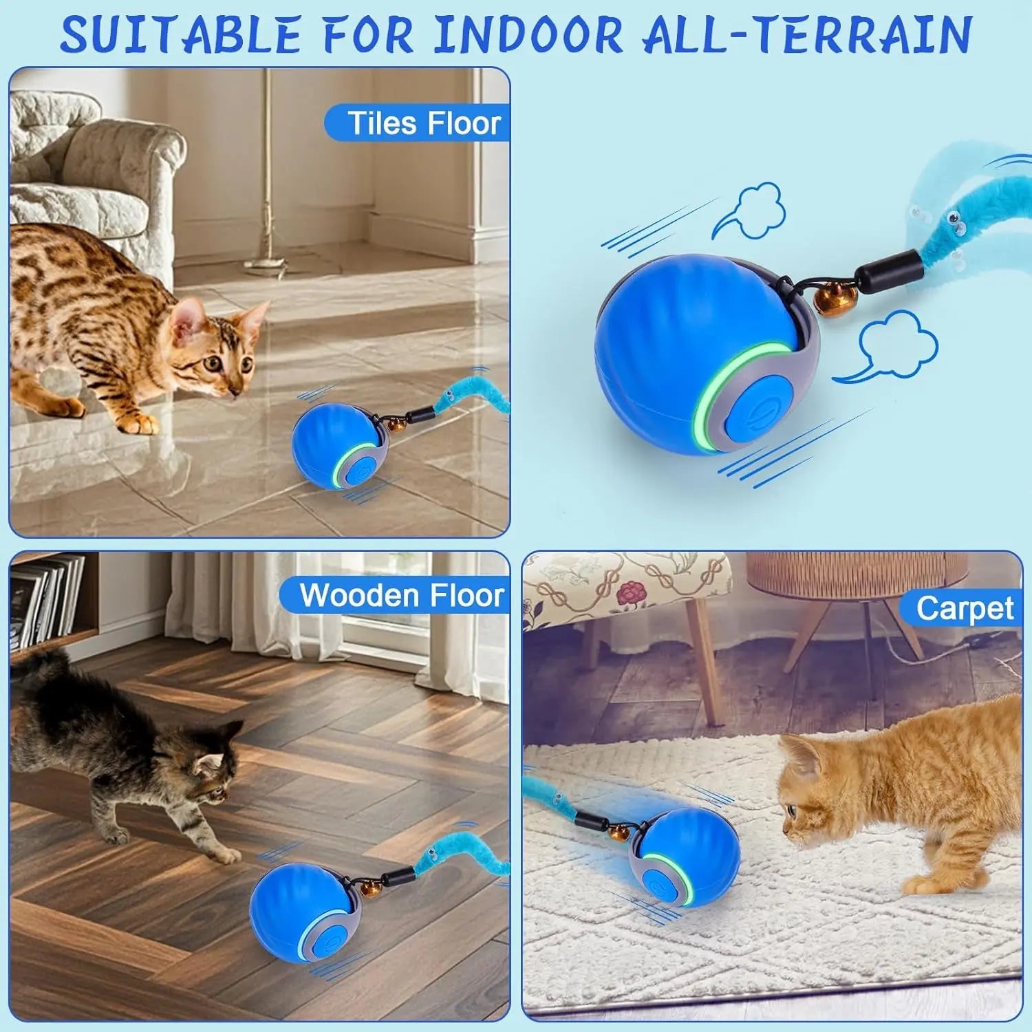 Interactive Cat Toy Ball Automatic Rechargeable 2-Speed Chasing Toy with Tails