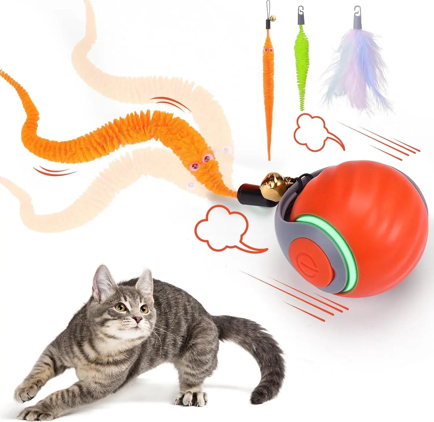 Interactive Cat Toy Ball Automatic Rechargeable 2-Speed Chasing Toy with Tails Orange