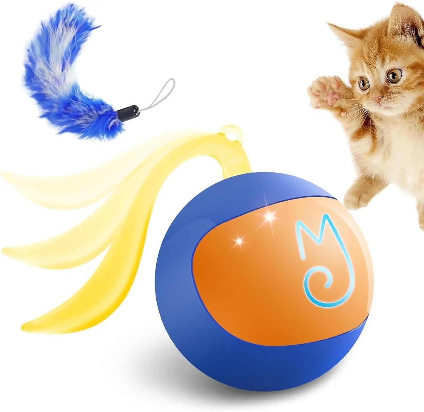 Interactive Rechargeable Cat Chase Ball Toy w/ Tail & Mouse Automatic Rolling Blue