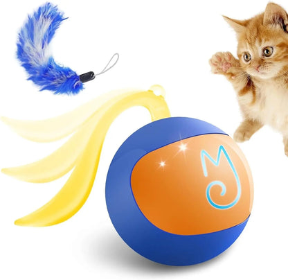 Interactive Rechargeable Cat Chase Ball Toy w/ Tail & Mouse Automatic Rolling Blue