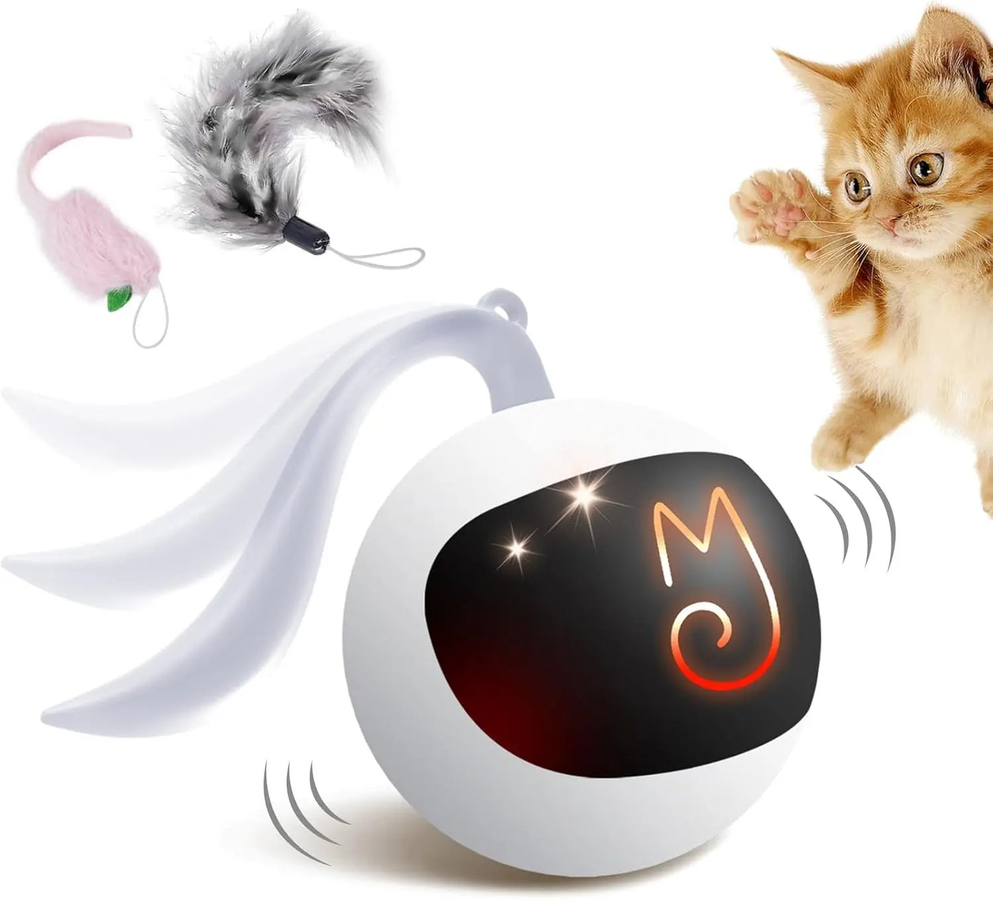 Interactive Rechargeable Cat Chase Ball Toy w/ Tail & Mouse Automatic Rolling White