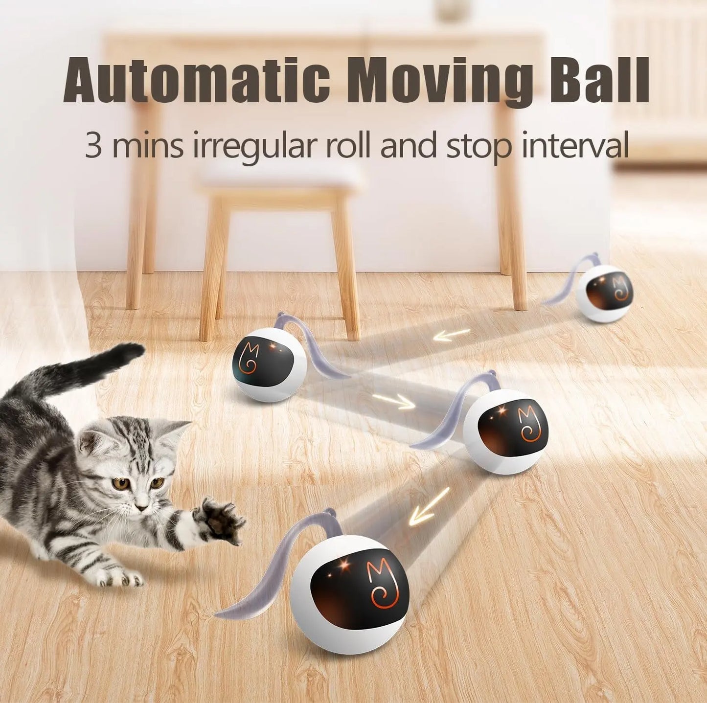 Interactive Rechargeable Cat Chase Ball Toy w/ Tail & Mouse Automatic Rolling