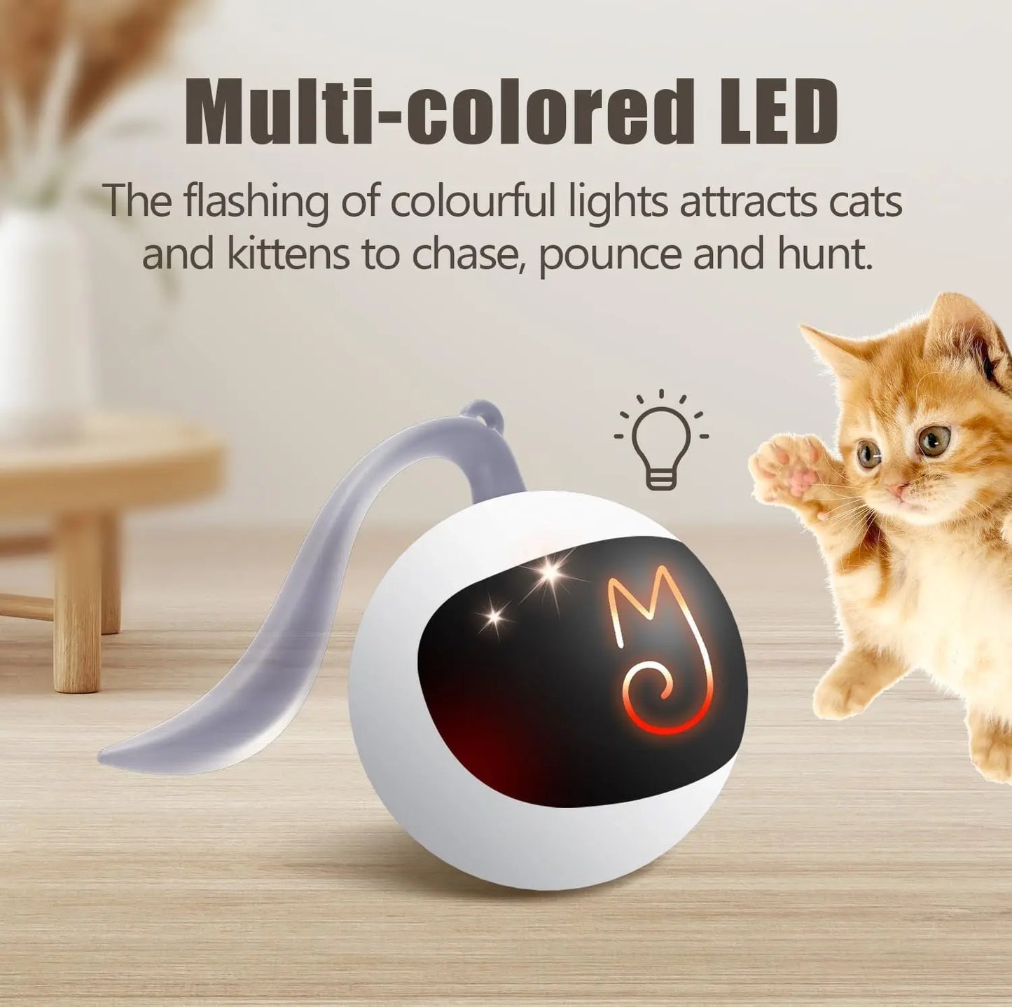 Interactive Rechargeable Cat Chase Ball Toy w/ Tail & Mouse Automatic Rolling