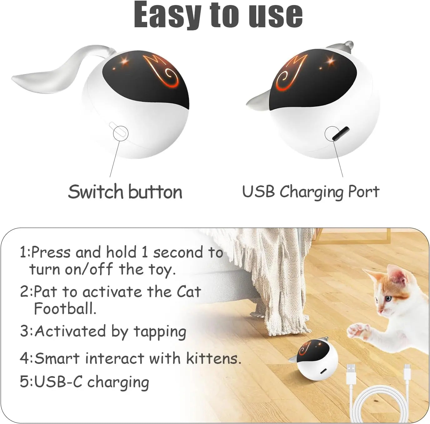 Interactive Rechargeable Cat Chase Ball Toy w/ Tail & Mouse Automatic Rolling