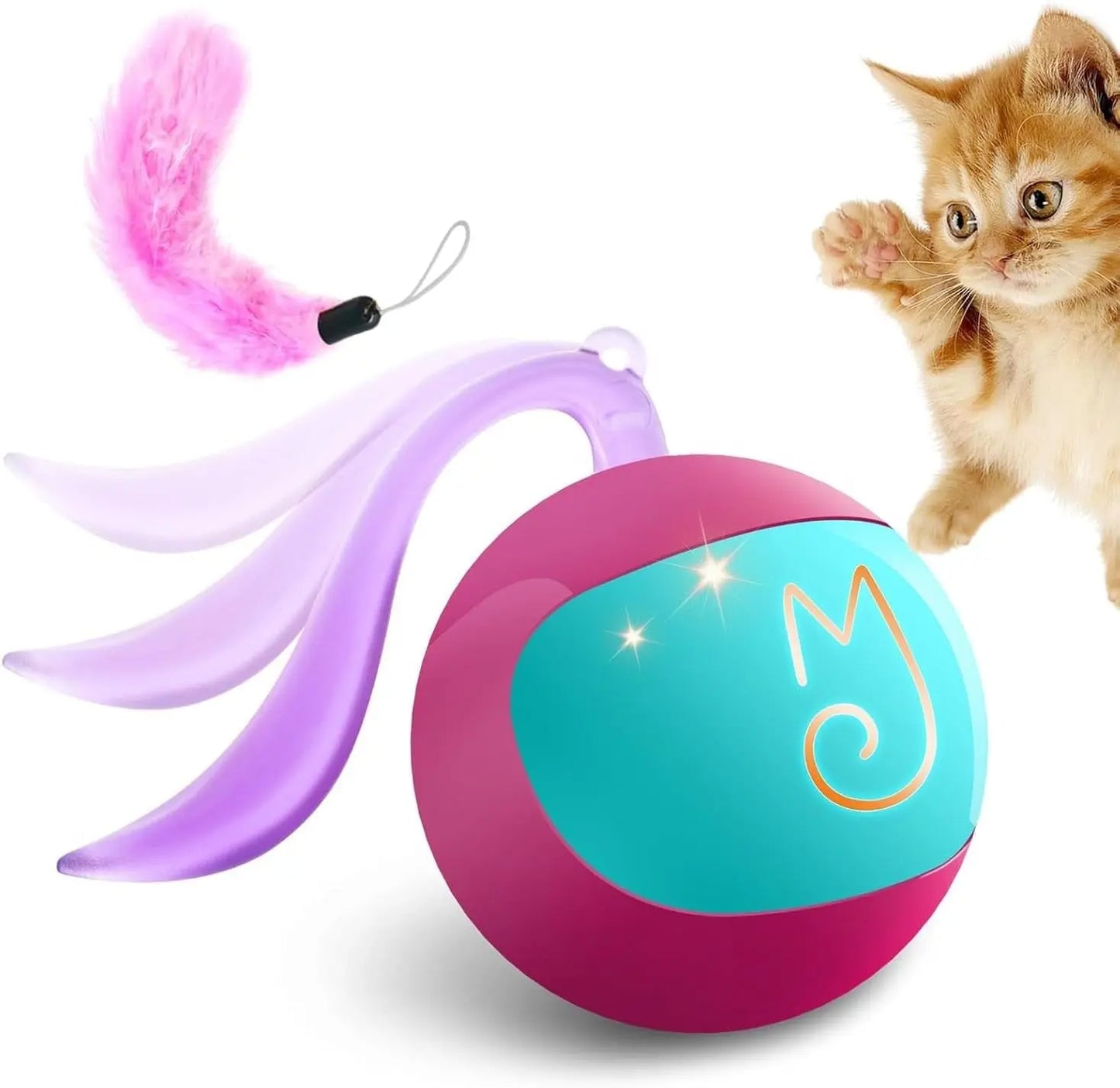 Interactive Rechargeable Cat Chase Ball Toy w/ Tail & Mouse Automatic Rolling Rose