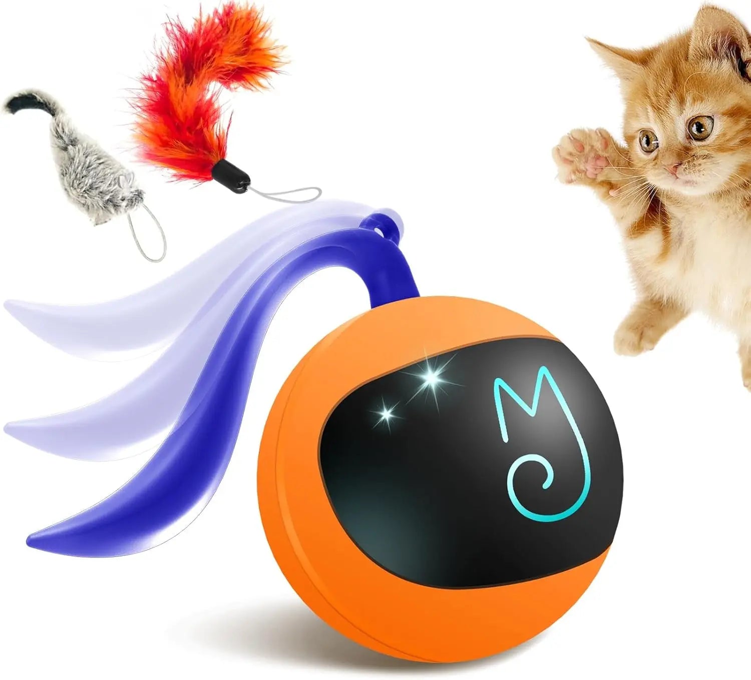 Interactive Rechargeable Cat Chase Ball Toy w/ Tail & Mouse Automatic Rolling Orange