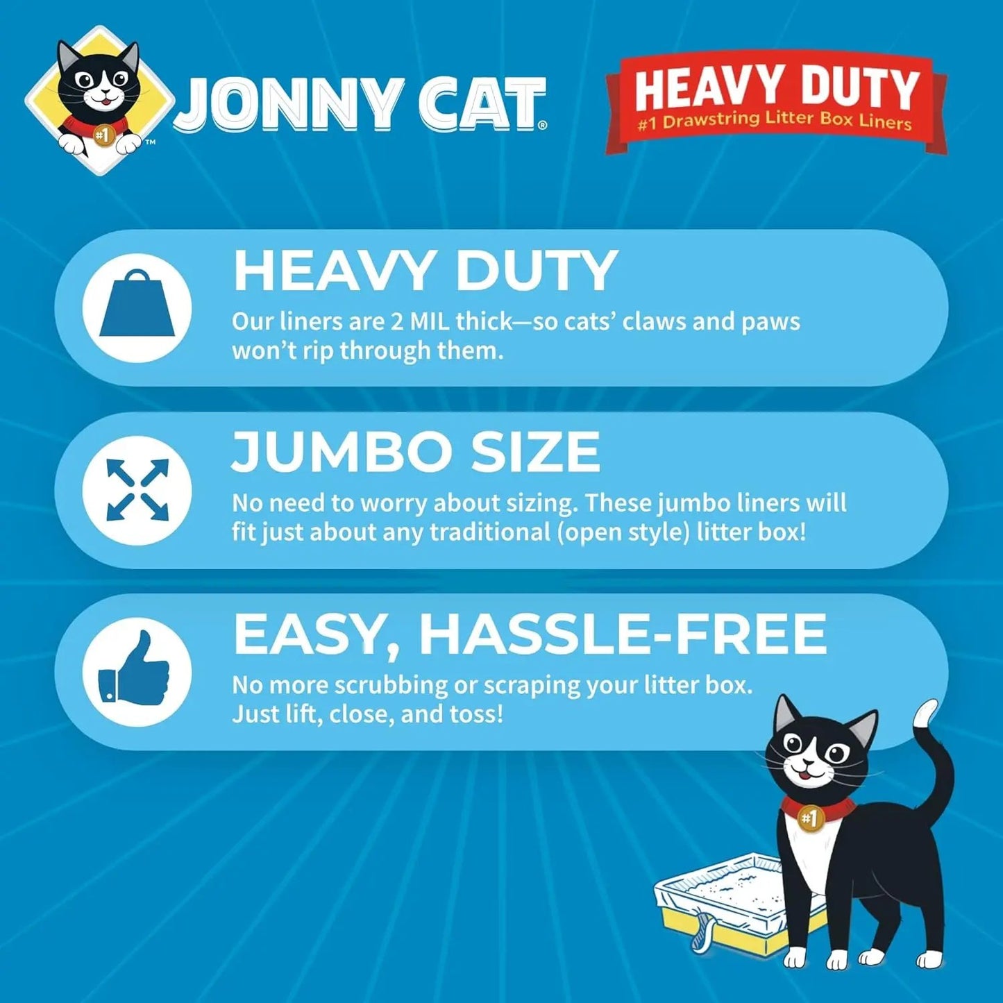 Jonny Cat Heavy-Duty Litter Box Liners – Tear & Leak Resistant, Drawstring, 15 Ct