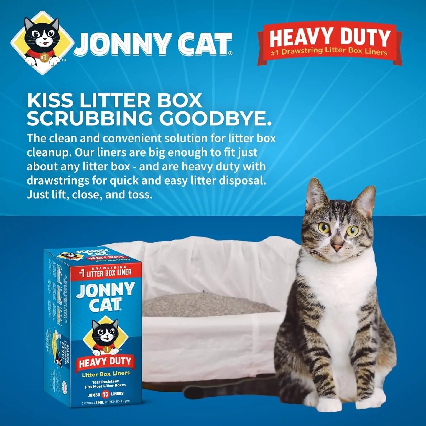 Jonny Cat Heavy-Duty Litter Box Liners – Tear & Leak Resistant, Drawstring, 15 Ct