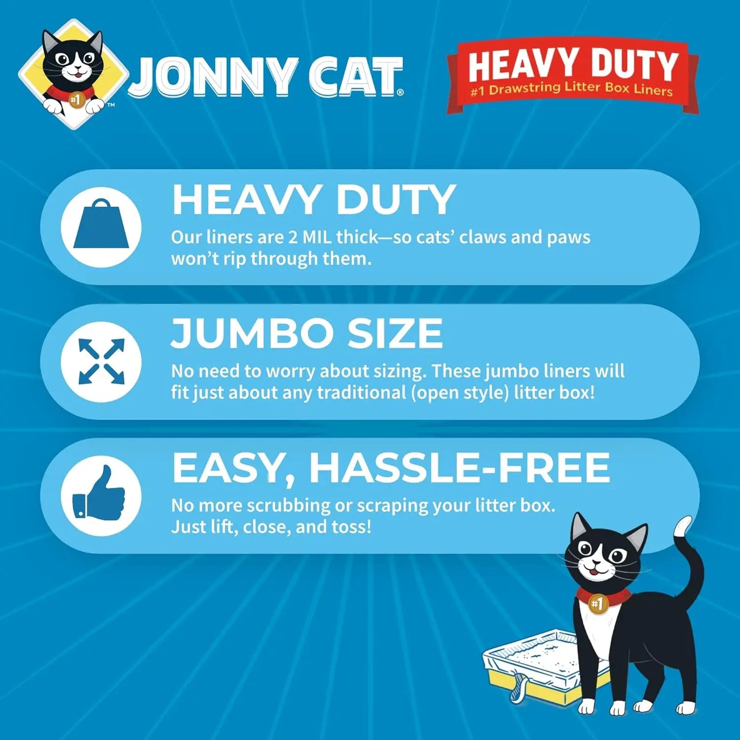 Jonny Cat Heavy-Duty Litter Box Liners – Tear & Leak Resistant, Drawstring, 15 Ct