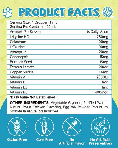 L-Lysine Liquid Drops for Cats Immune & Respiratory Support 2oz Chicken