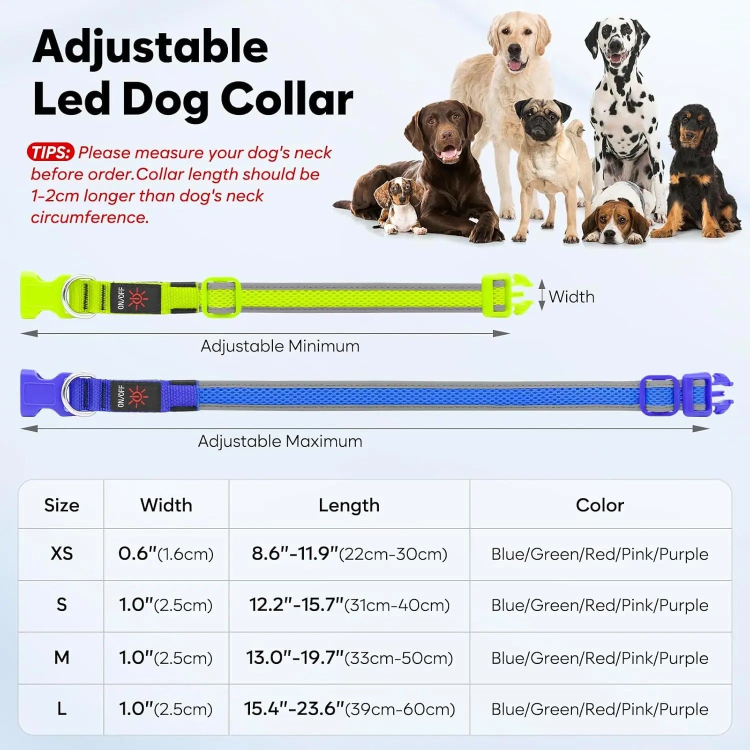 LED Dog Collar USB Rechargeable Light Up Safety Collar - All Colors/ Sizes