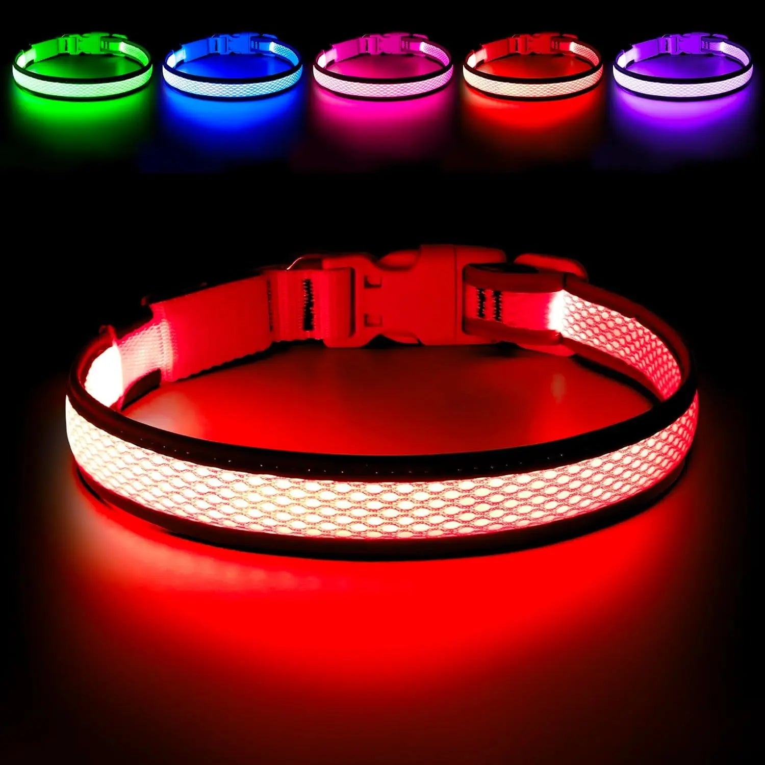 LED Dog Collar USB Rechargeable Light Up Safety Collar - All Colors/ Sizes Red