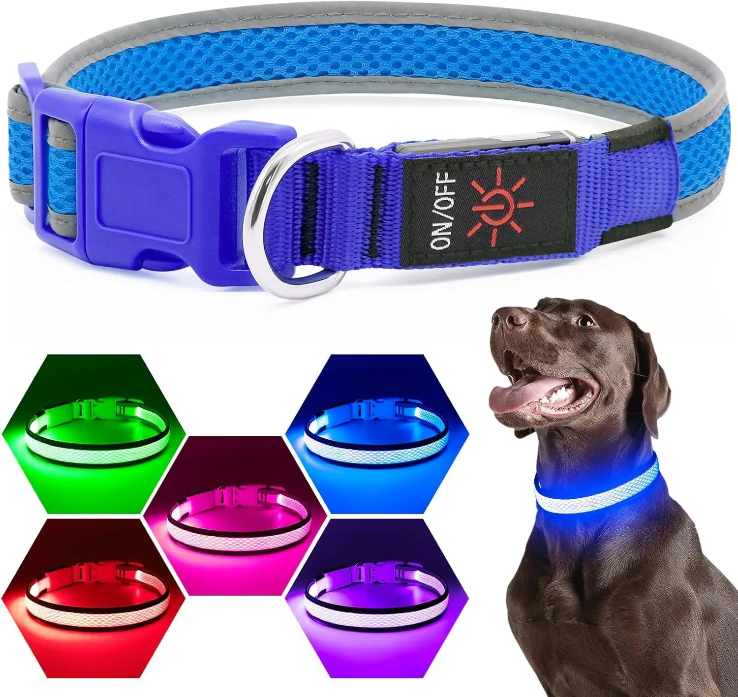 LED Dog Collar USB Rechargeable Light Up Safety Collar - All Colors/ Sizes Blue Medium