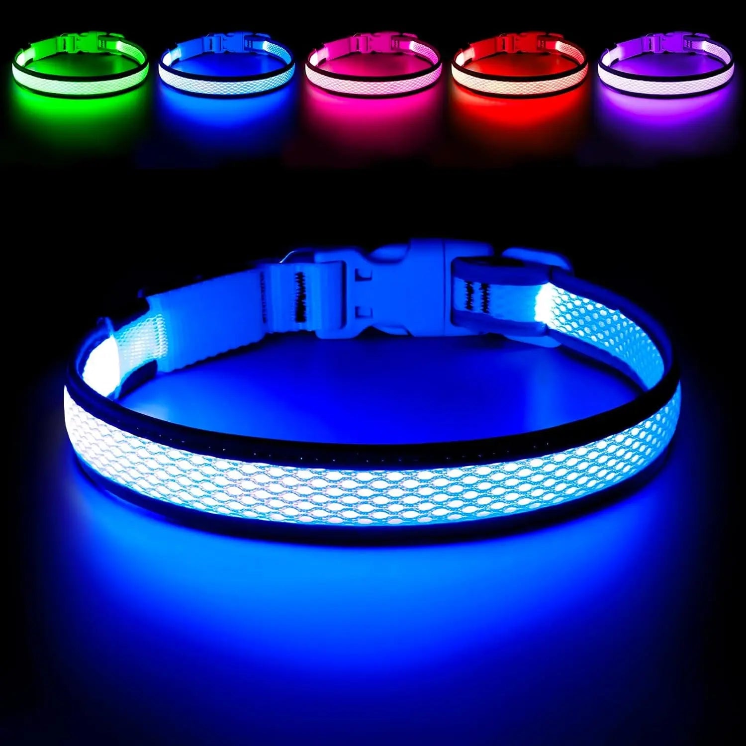 LED Dog Collar USB Rechargeable Light Up Safety Collar - All Colors/ Sizes Blue