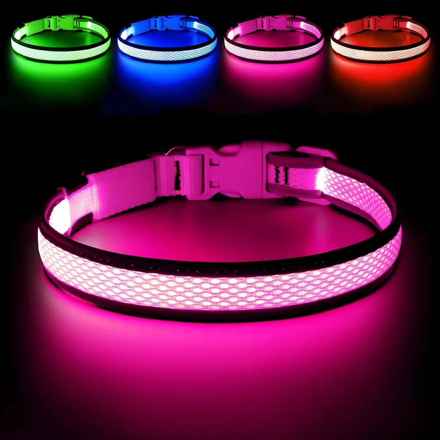 LED Dog Collar USB Rechargeable Light Up Safety Collar - All Colors/ Sizes Pink Large
