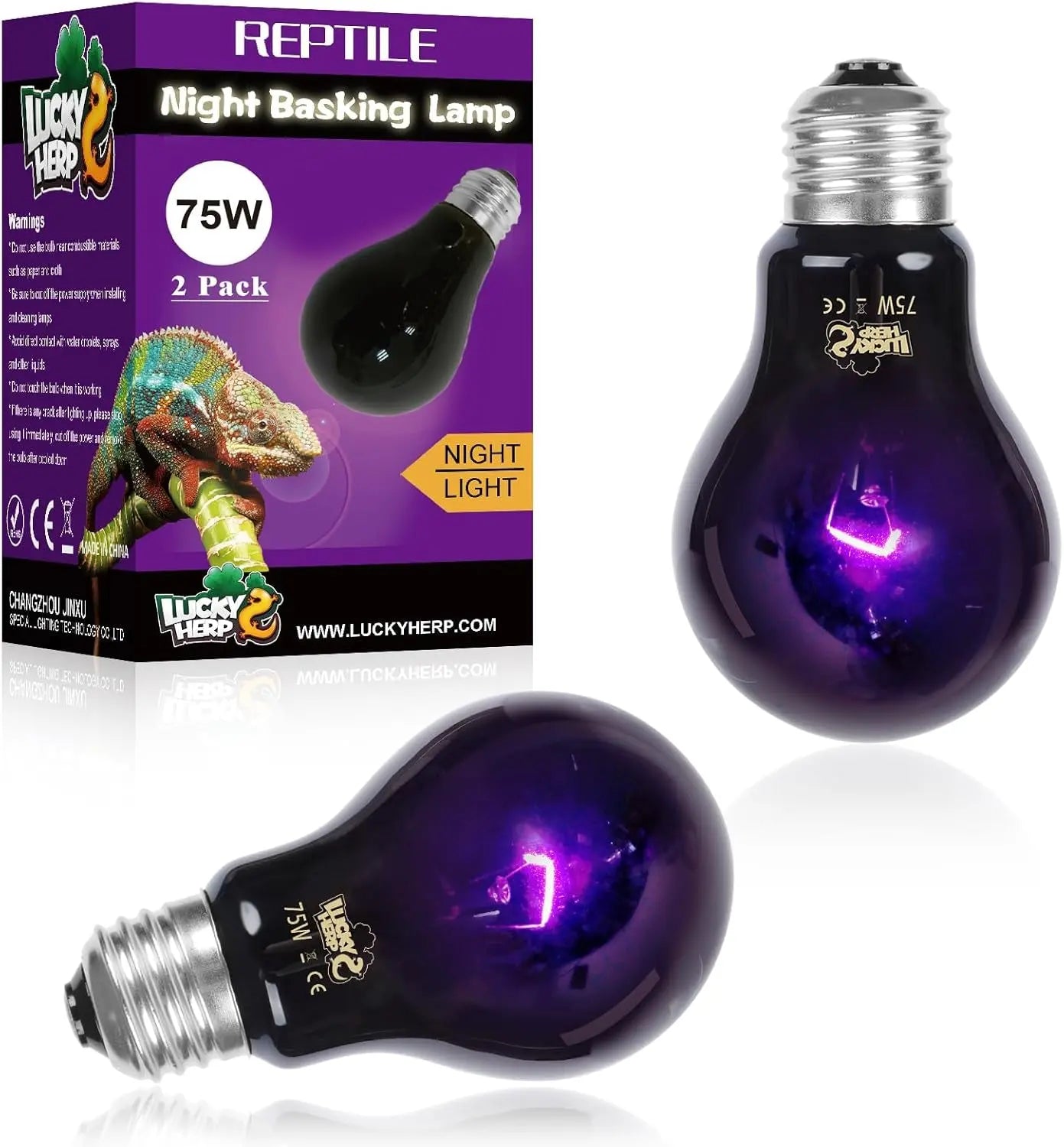 LUCKY HERP Reptile Night Heat Bulb 2 Pack 50W/75W UVA Heat Lamp E26 75.0 Watts
