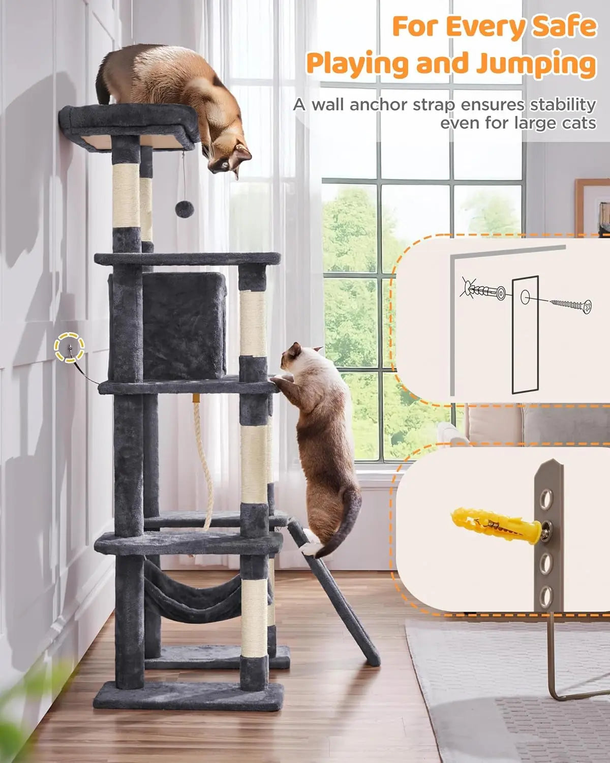Large 63” Tall Multi-Level Cat Tree Tower – Ideal for climbing, scratching & lounging