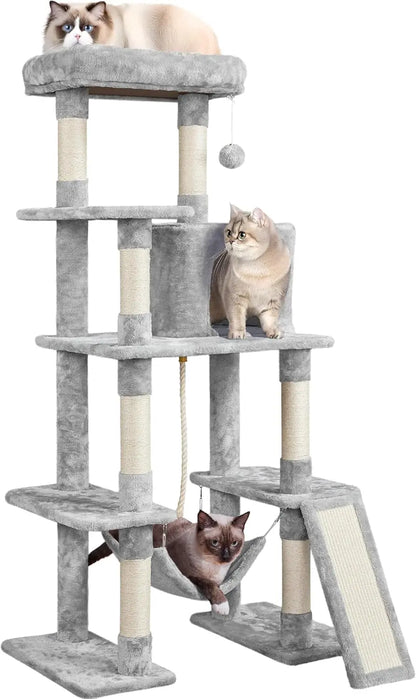 Large 63” Tall Multi-Level Cat Tree Tower – Ideal for climbing, scratching & lounging Light Gray 63In