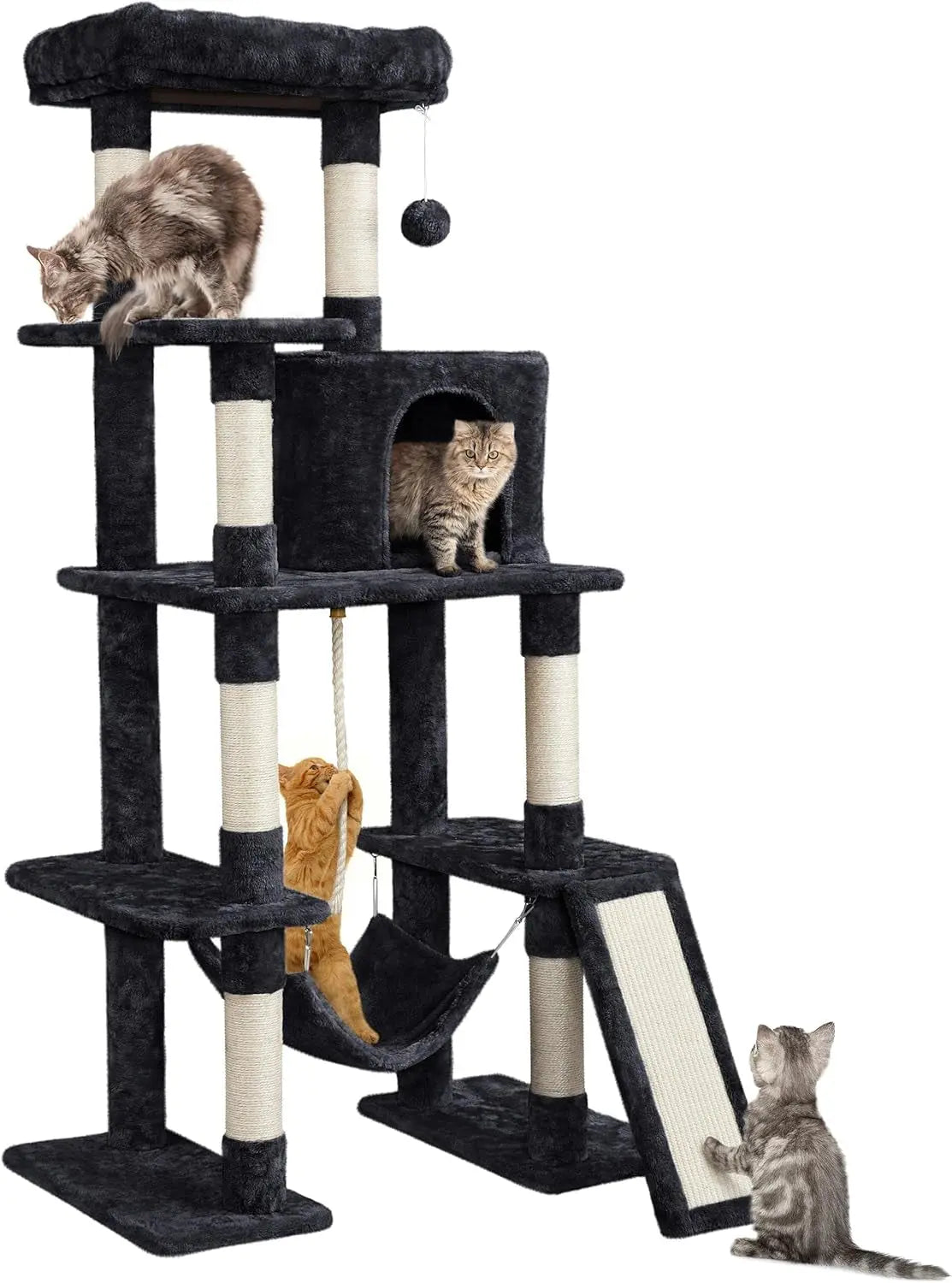 Large 63” Tall Multi-Level Cat Tree Tower – Ideal for climbing, scratching & lounging Black 63In
