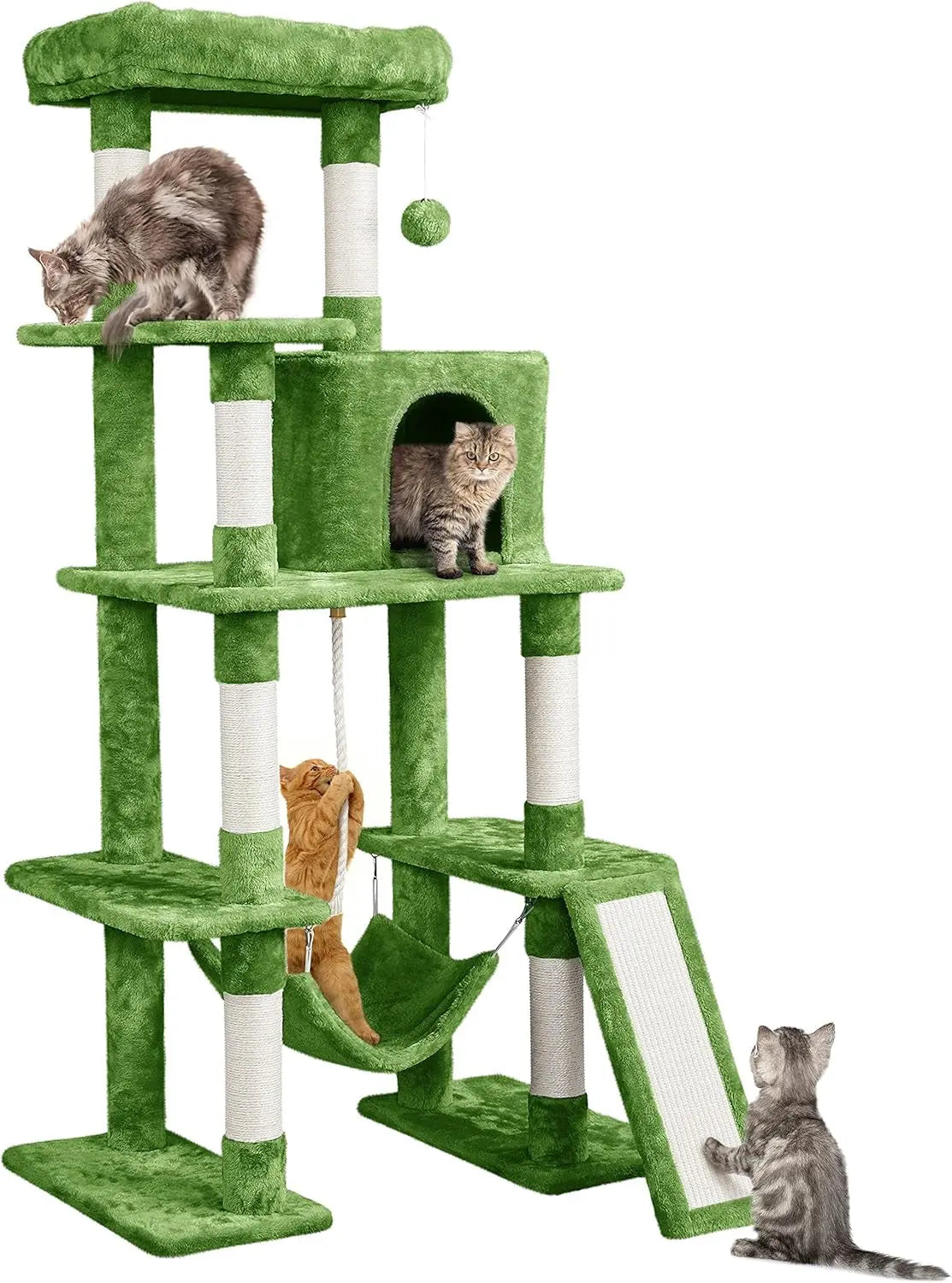 Large 63” Tall Multi-Level Cat Tree Tower – Ideal for climbing, scratching & lounging Green 63In