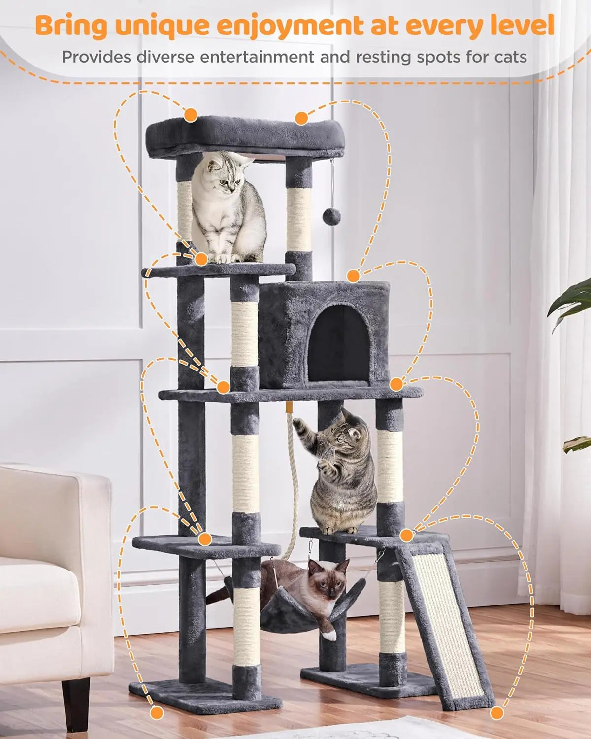 Large 63” Tall Multi-Level Cat Tree Tower – Ideal for climbing, scratching & lounging