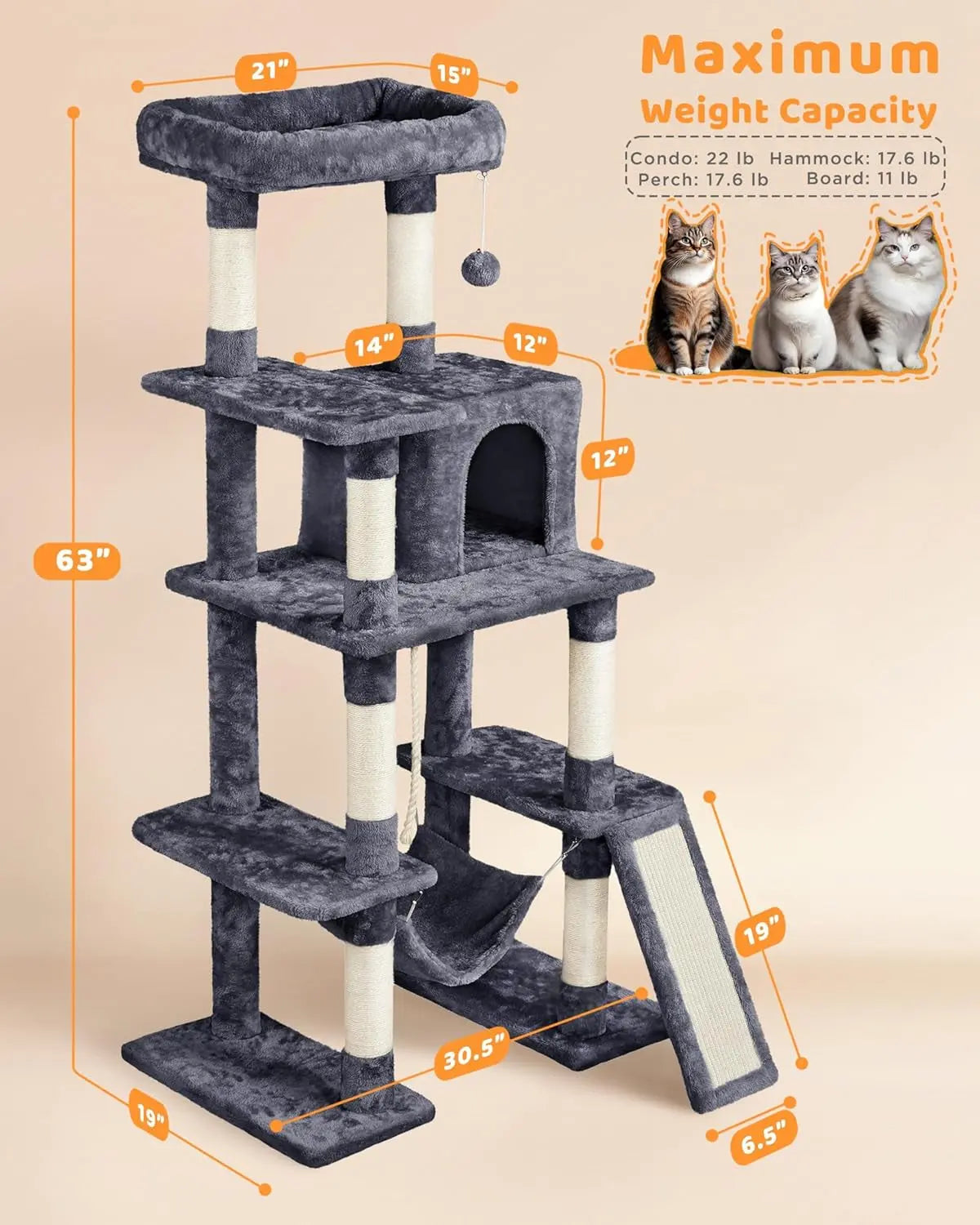 Large 63” Tall Multi-Level Cat Tree Tower – Ideal for climbing, scratching & lounging