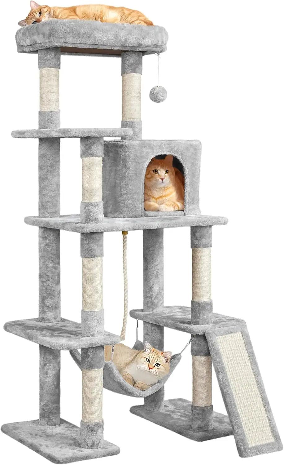 Large 63” Tall Multi-Level Cat Tree Tower – Ideal for climbing, scratching & lounging Light Gray 54In