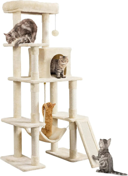Large 63” Tall Multi-Level Cat Tree Tower – Ideal for climbing, scratching & lounging Beige 63In